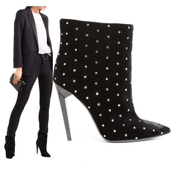 SAINT LAURENT BOOTS FREJA CRYSTAL STUDDED VELVET ANKLE BOOTIES sz 36.5 6.5 US - Picture 1 of 15